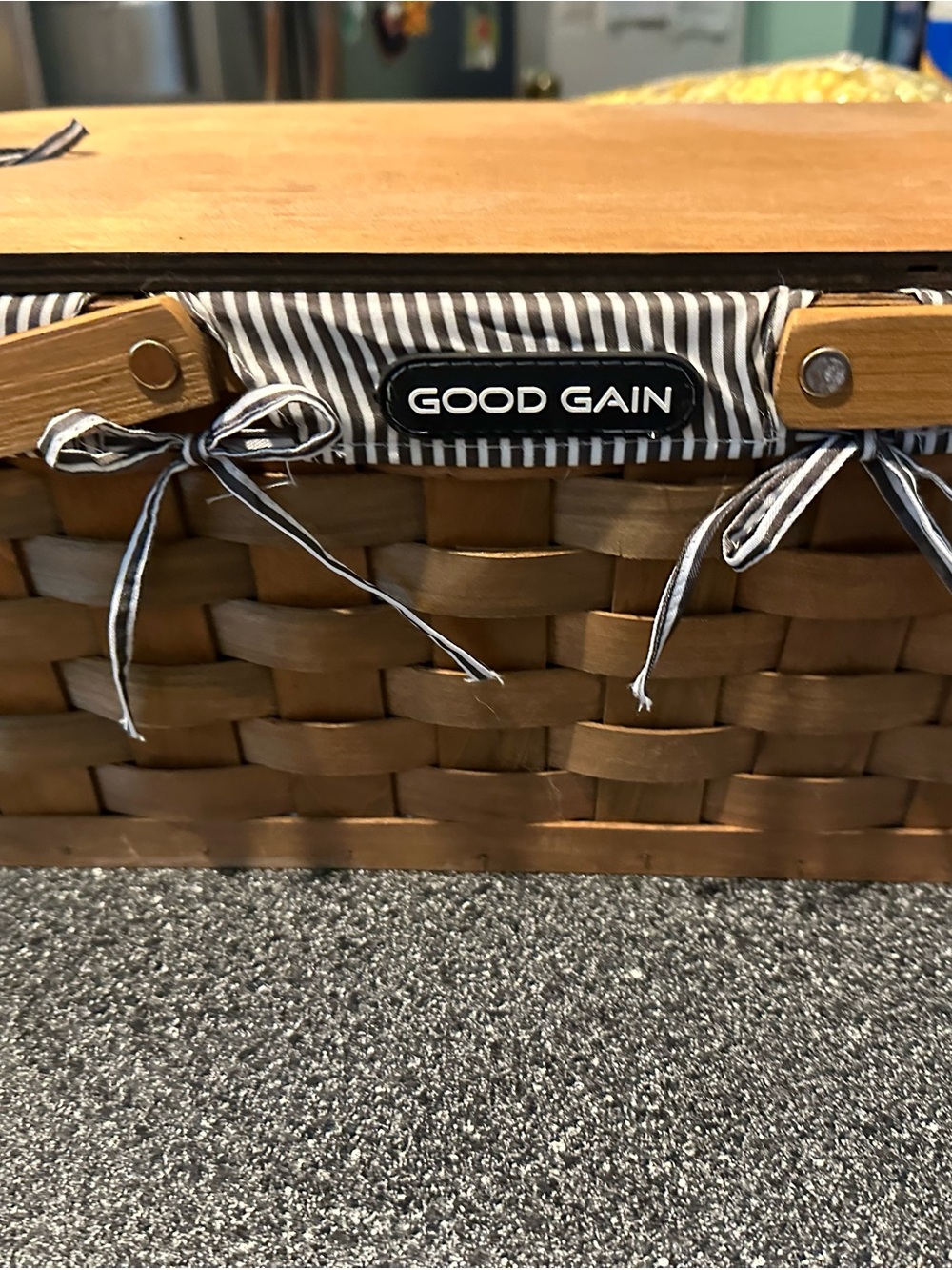 Natural Brown Woven Storage Basket with Black-and-White Liner